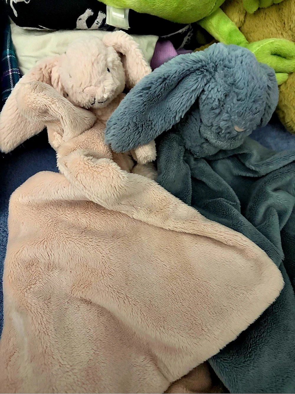 Jellycat pink and blue bunny loveys